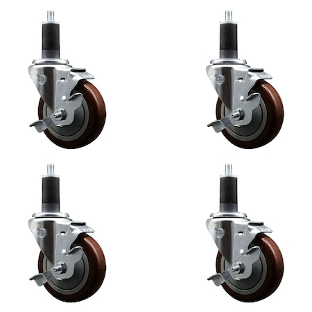 Service Caster 4'' Maroon Poly Swivel 1-1/4'' Expanding Stem Caster Set with Brake, 4PK SCC-EX20S414-PPUB-MRN-TLB-114-4